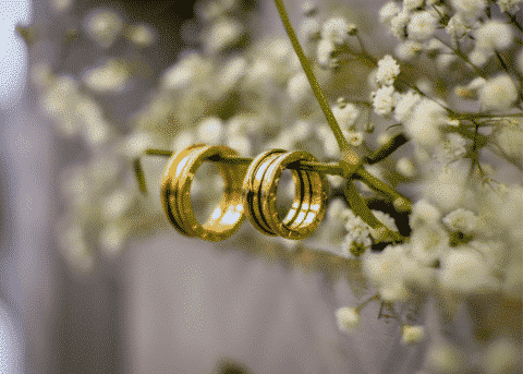 Decorative shot of wedding rings and flowers
