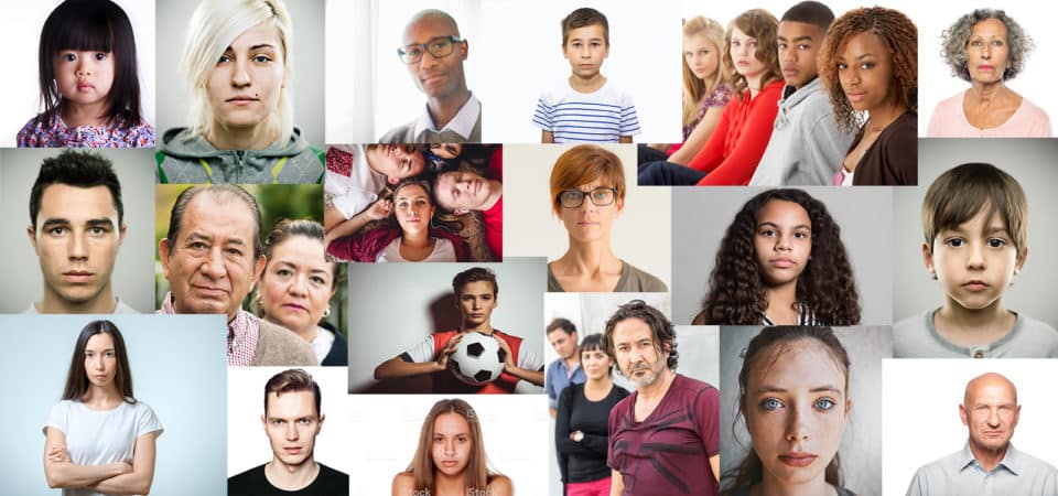 Different age, gender, ethnic faces in a collage displaying the many faces of mental health